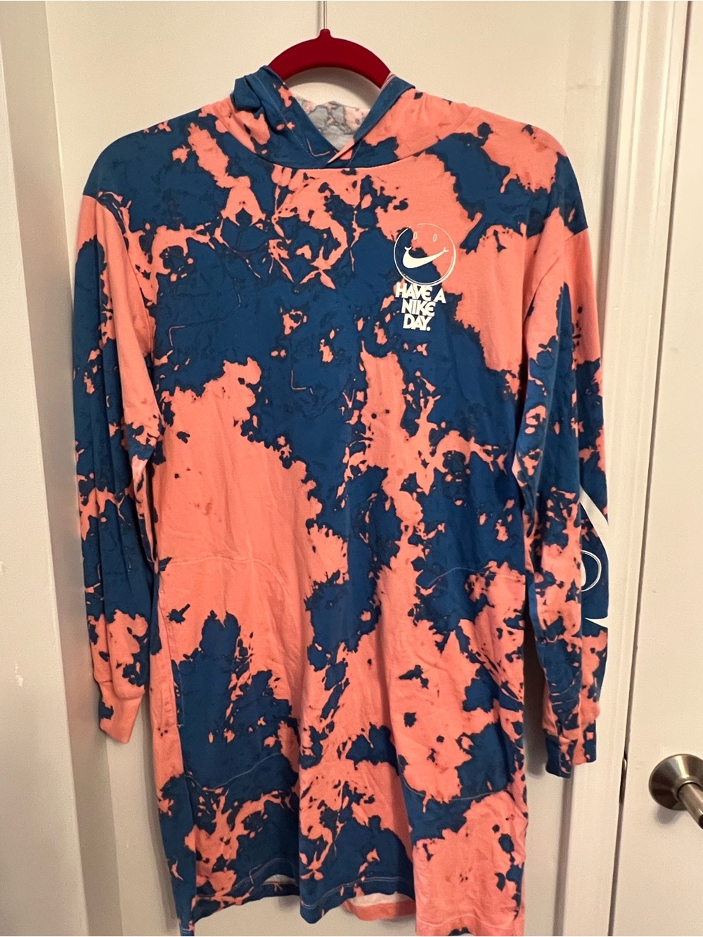 Nike Tie-Dye Hoodie Dress in Coral Pink & royal Blue; xs